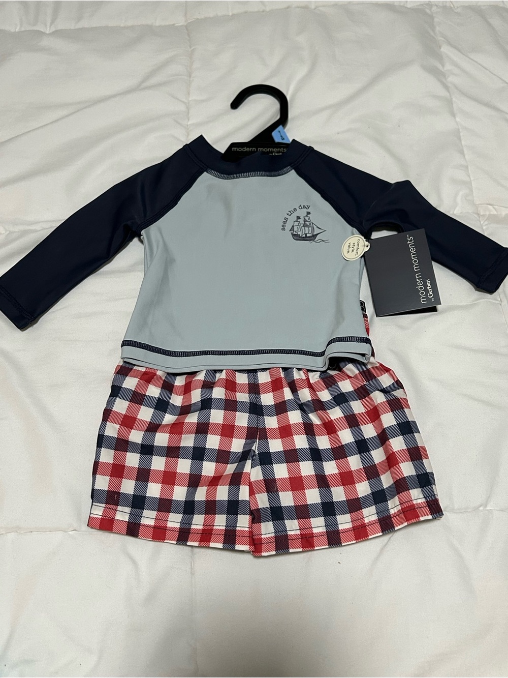 Boys Navy & Light Blue Set with Red Plaid Swim Shorts modern moments size 3-6m